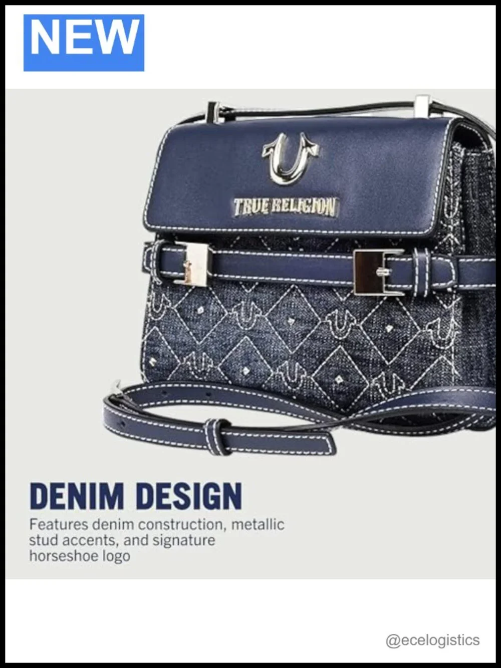 Denim Crossbody Flap Bag with Stud Accents and Horseshoe Logo